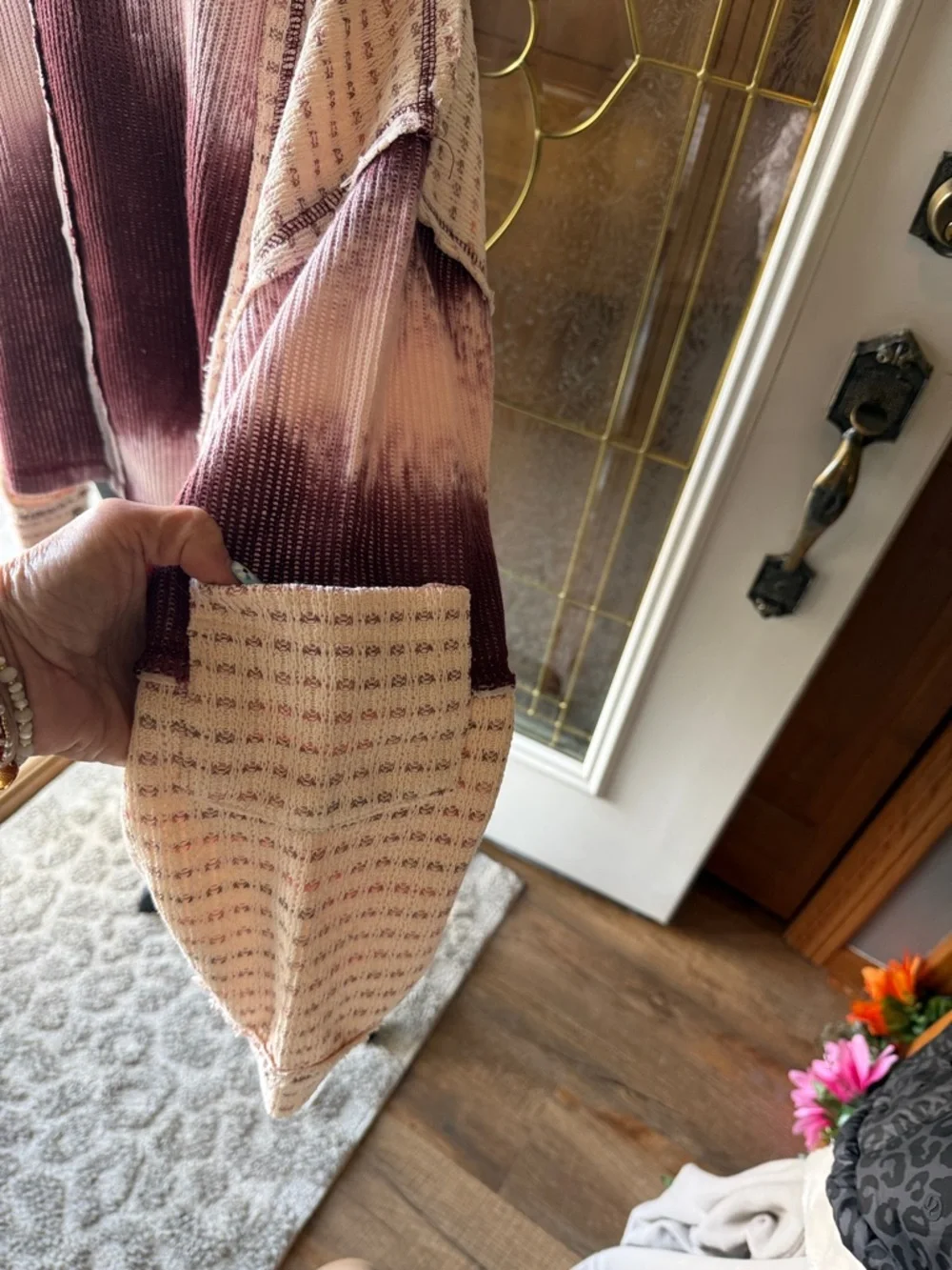 POL WILD BERRY/FLORAL  Cream Tie-Dye Patchwork button down long sleeve top - Picture 10 of 12